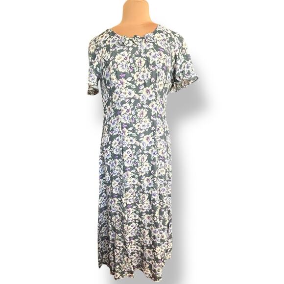 Vintage 90s CDC Petites Floral Rayon Dress Purple White Rosettes Cottagecore 8 - Picture 1 of 10